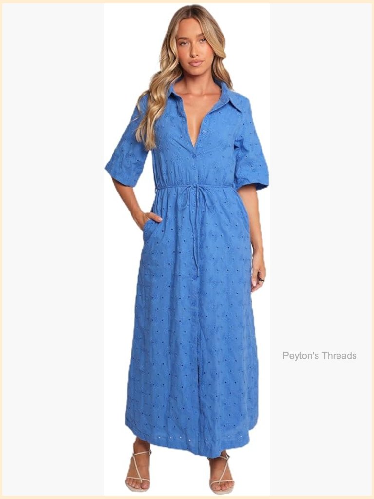 Embroidered Button-Through Midi Dress Short Sleeve V-Neck A-Line Cotton